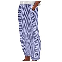 Summer Plus Size Capri Pants for Women Summer Casual Striped Print Relaxed Fit Button Elastic Waist Baggy Pant Trousers