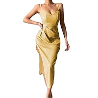 Western Dresses for Women,Hot Night Club Style Luxury Glitter Deep V Sexy Suspender Women Dress Tan Dress