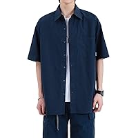 通用 Spring/Summer Cotton Mid Sleeve Shirt Men's Loose Casual Lapel Top Cotton Cardigan Jacket,5,L