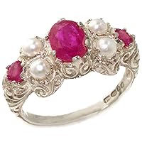 14k White Gold Natural Ruby and Cultured Pearl Womens Cluster Ring - Sizes 4 to 12 Available