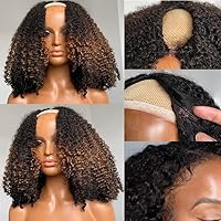 16inch Ombre Balayage Highlight Curly U Part Wig Human Hair 150% 4x2 inch Afro Kinky Curly FB30 Glueless Human Hair Upart Wigs for Black Women Full Head U Shape Clips in Half Wig No Leave Out 4B4C