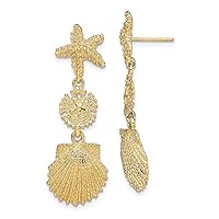 14k Gold Starfish Sand Dollar And Scallop Shell Long Drop Dangle Earrings Measures 37.4x13.2mm Wide Jewelry Gifts for Women
