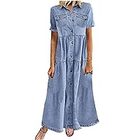 Denim Dress for Women, Women's Vintage Short Sleeve Jean Shirt Dress Trendy Loose Button Up Shift Long Maxi Dresses