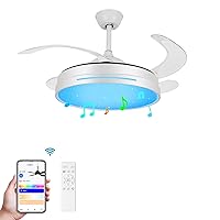 Retractable Ceiling Fan with Lights, Bluetooth Speaker - 36'' Color Changing Kids Ceiling Fan, Alexa/Google App Control, Invisible Blades, Dimmable Lights - Remote Control for Kids Room Bedroom