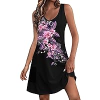 Dresses for Women 2024 Printed V Neck Dress Sleeveless Casual Dresses Summer Beach Dresses Flowy Dress with Pockets