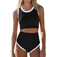 Pink Queen Women's High Waisted Bikini Sets Crew Neck Sporty 2 Piece Swimsuits Color Block High Cut Bathing Suit