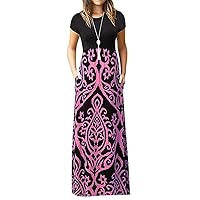 Women's Trendy Plain Maxi Dress, Summer Short Sleeve Casual Geometric Print Sexy Dress with Pockets
