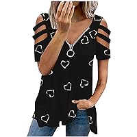 Summer Womens Hollow T-Shirt Casual Fashion Zipper Blouse Tops Short Sleeve Vneck Tunic Comfy Soft Loose Tee