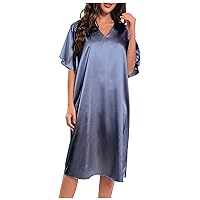 Silk Pajamas for Women Casual V Neck Satin Nightgowns Short Sleeve Nightshirt Sleepwear Loose Fit Knee Length Sleep Dress