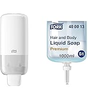 Tork Liquid Skincare Dispenser for Liquid Soap and Hand Sanitizer White - S1, Pack of 6 + Tork Hair and -Body Liquid Soap S1, Refreshing Scent, 6 x 1L, 400013