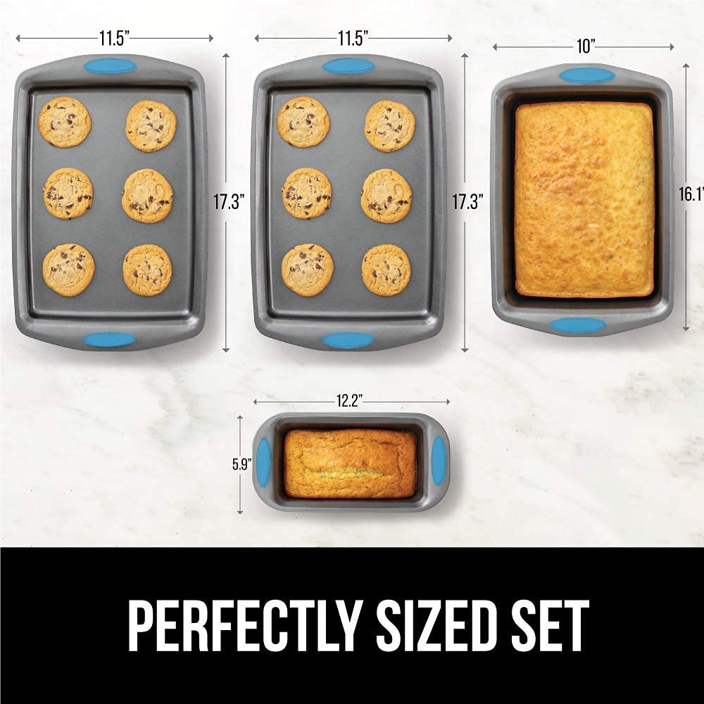 Gorilla Grip Nonstick, Heavy Duty, Carbon Steel Bakeware Sets, 4 Piece Kitchen Baking Set, Rust Resistant, Silicone Handles, 2 Large Cookie Sheets, 1 Roasting Pan and 1 Bread Loaf Pan, Aqua