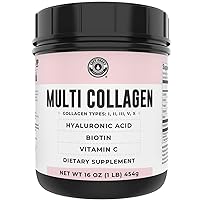 Collagen with Biotin, Hyaluronic Acid, Vitamin C, 1 lb Powder. Hydrolyzed Multi Collagen Peptide Protein. Types I, II, III, V, X, Collagen for Hair, Skin, Nails*. Collagen Supplement for Women, Men
