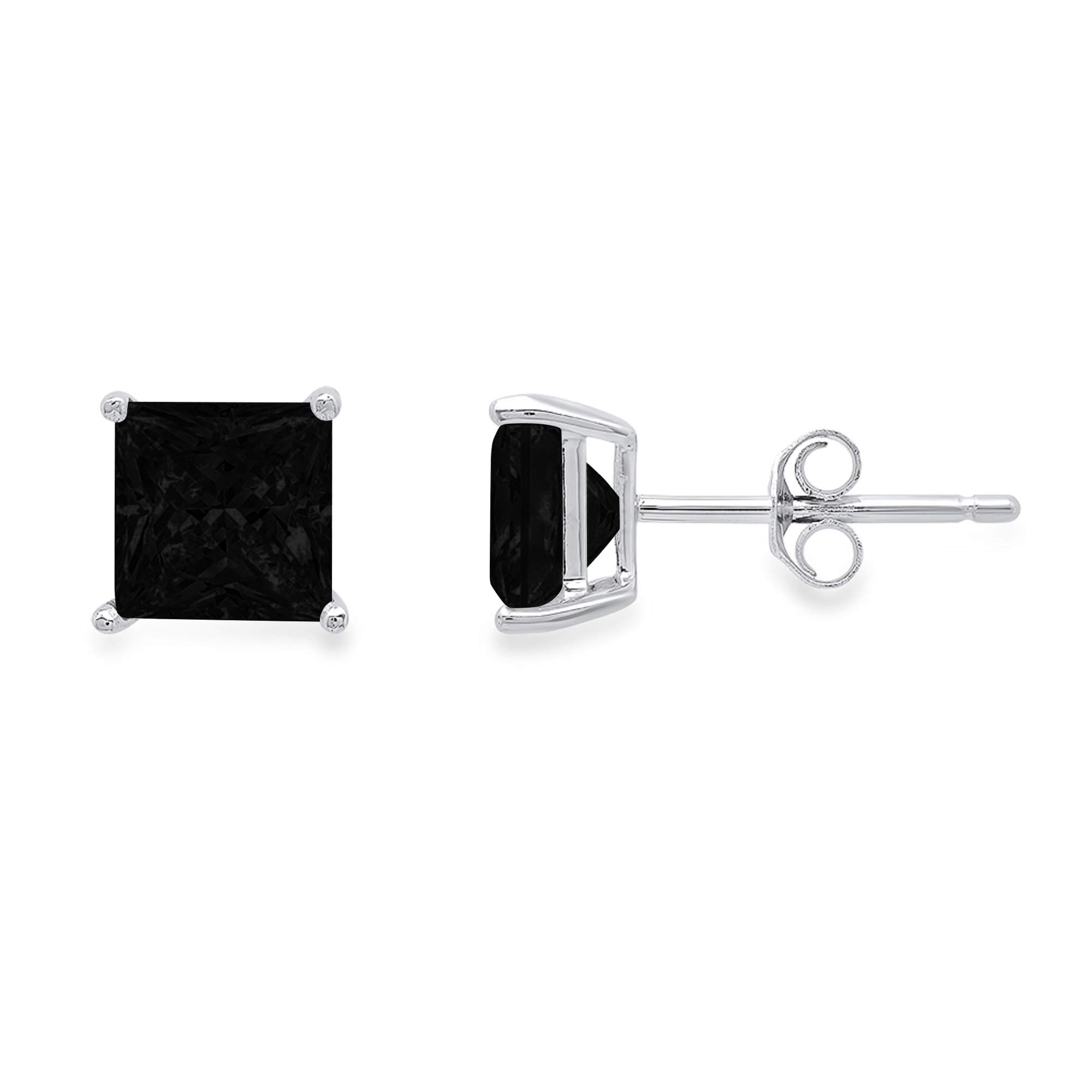 2.9ct Brilliant Princess Cut Solitaire Flawless Genuine Natural Black Onyx Gemstone Unisex Pair of Stud Designer Earrings Solid 14k White Gold Push Back conflict free Jewelry