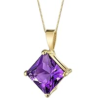 PEORA Solid 14K Yellow Amethyst Pendant for Women, 2 Carats Princess Cut 8mm, Genuine Gemstone Birthstone Solitaire