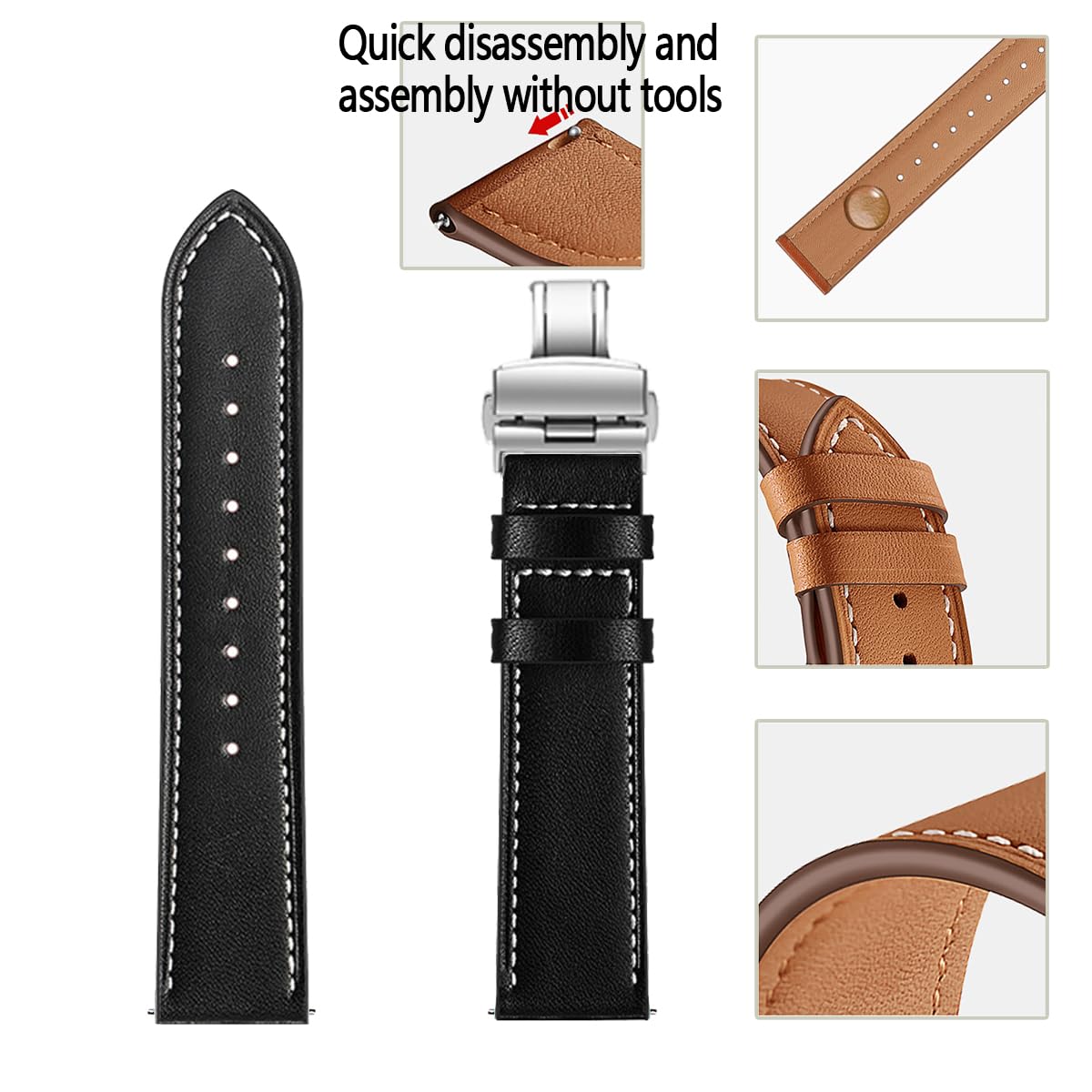 FAGWIG Genuine Leather Watch Band for Women Men Quick Release Spring Bars Bands 20mm 22mm Top Cowhide Calfskin Wristband Replacement Watchband Strap