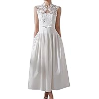 Women's Midi Formal Dresses Lace Patchwork Waist Dress Business Casual Swing Dress