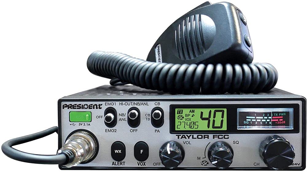 President Taylor FCC, 12/24V CB Radio, 40 Channels AM, Up/down Channel Selector, Volume Adjustment and ON/OFF, Multi-Functions LCD Display, S/RF Vu-Meter, Beep Function, EMG Programmable, Talkback