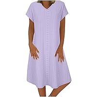 Womens Eyelet Tunic Dresses Summer Short Sleeve V Neck T-Shirt Dress Casual Loose Fit Solid Knee Length Beach Dress