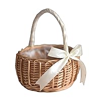 Wicker Basket,Woven Storage Basket, Flower Girl Basket with Handle Woven Willow Basket Wicker Rattan Flower Basket Candy Storage Basket for Wedding Party Decor White
