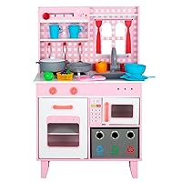 Wooden Kids Kitchen PlaySet, Interactive Play with Lights，Sounds, and Coffee Machine, Realistic 25 Pieces Toy Accessory with Cutlery and Fruit Set for Toddler 3-8 Years Old