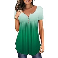 Womens Tunic Tops To Wear with Leggings, Womens Summer Plus Size Tunic Tops Short Sleeve Hide Belly Gradient Tee T-Shirt Cute Flowy Henley Neck Tee Tops Blouse