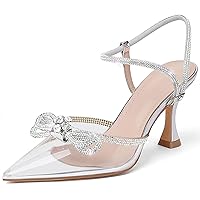 Women's Closed Toe Rhinstone Wedding Low Heel Slingback Clear Kitten Heels,Adjustable Strap Pointed Toe Bow Pumps High Heeled Prom Dress Shoes