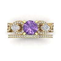 Clara Pucci 2.0ct Round Cut Solitaire 3 stone Accent Created Alexandrite Engagement Anniversary Wedding Ring Band set 18K Yellow Gold