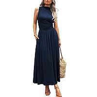 Women's Summer Casual Sleeveless Mock Neck Ruched Elegant Maxi Dresses Semi Formal Flowy Tank Dress with Pockets