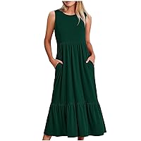 Bargain Finds Prime Clearance Today Women Summer Dresses with Pocket, Casual Long Dress Solid Sleeveless Ruffle Hem Maxi Dresses Crewneck Tshirt Dress Vacation Dress Army Green