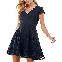 Womens Navy Stretch Zippered Scalloped Lined Cut Out Back Floral Cap Sleeve V Neck Short Party Fit + Flare Dress Juniors XXS