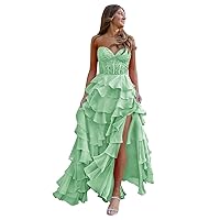 Tiered Chiffon Prom Dress for Women Lace Appliques Formal Evening Dress Elegant Strapless Prom Gown KN1265