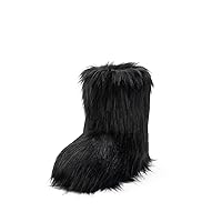 Women's Faux Fur Boot Furry Fluffy Round Toe Suede Winter Comfy Plush Warm Short Outdoor Indoor Flat Shoes Mid-Calf Boots