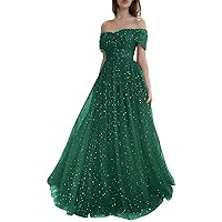 Women's Sparkly Prom Ball Gowns Off Shoulder Starry Tulle Floor Length Formal Evening Gown with Pocket