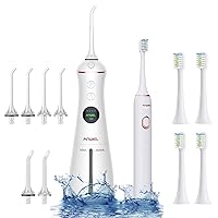 Water Flosser and Ultrasonic Electric Toothbrush Combo, 300ML Cordless Dental Oral Irrigator with DIY Modes, 6 Jet Tips & 4 Brush Heads, LCD Display & IPX7 Waterproof Teeth Cleaner for Home Travel