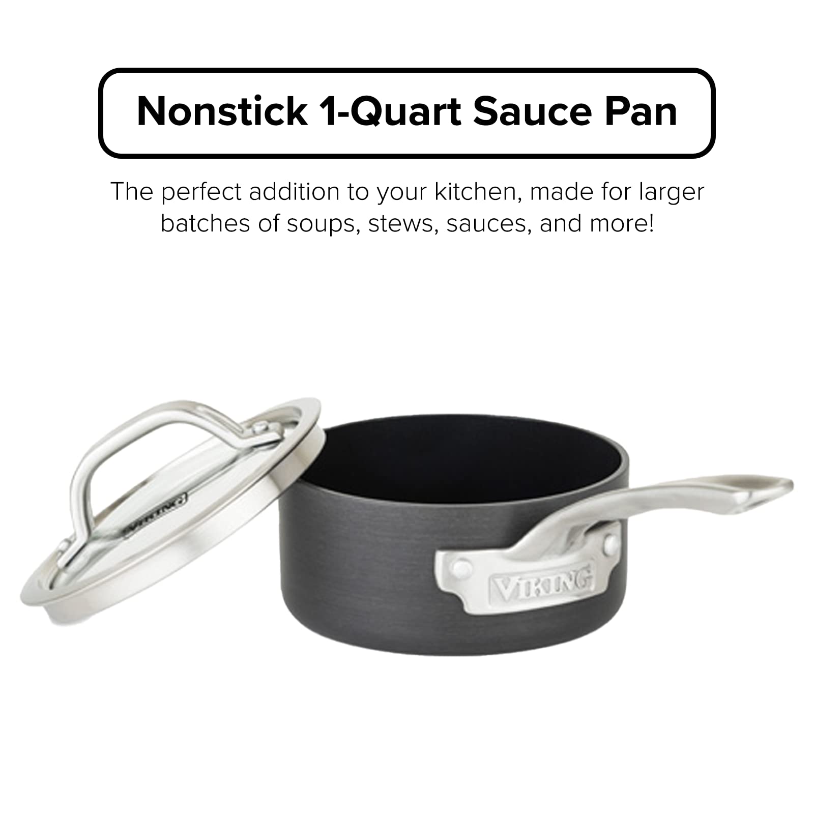 Viking Culinary Hard Anodized Nonstick Saucepan, 1 Quart, Includes Glass Lid, Oven and Dishwasher Safe, Works on Electronic, Ceramic, and Gas Cooktops