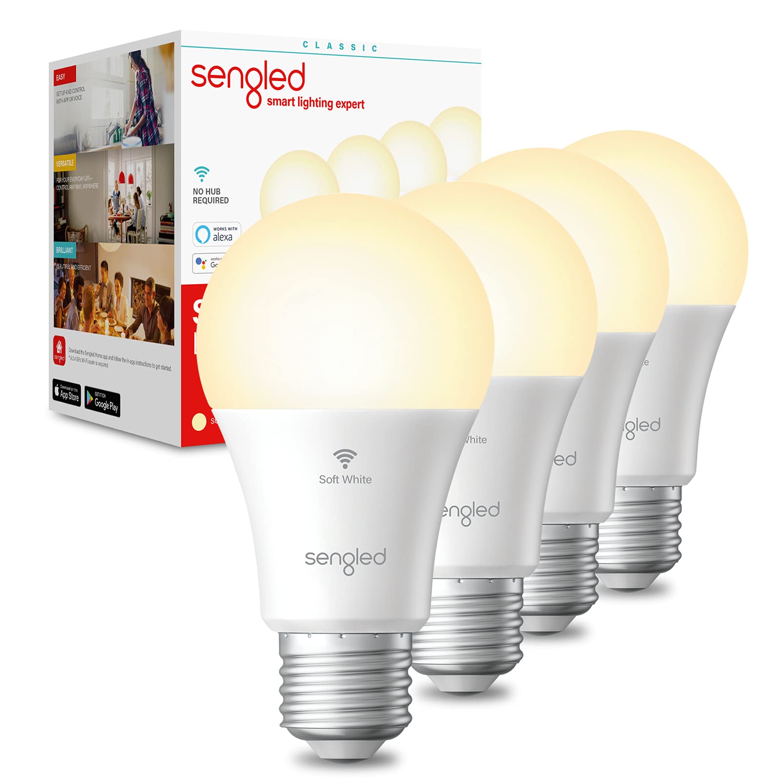 Sengled Alexa Light Bulb,WiFi Light Bulbs,Smart Light Bulbs,Smart Bulbs that Work with Alexa & Google Assistant,A19 Soft White(2700K)No Hub Required,800LM 60W Equivalent HighCRI90,4Count(Pack of 1)