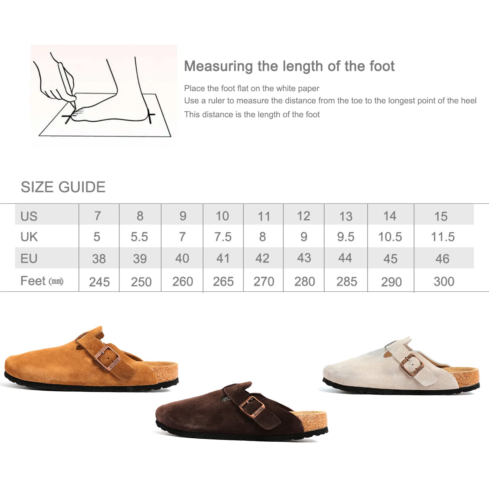 KLUKGE Boston Clogs for Men, Women‘s Suede Soft Leather Clogs Adjustable Buckle Cork Non-Slip Slippers Home Sandals Unisex Shoes
