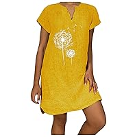 Women Dresses,Women's Loose Dandelion Print Short Sleeve V Neck Cotton Linen Dress Casual Maxi