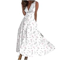 V Neck Dress Ladies Summer Sleeveless Trendy Maxi Womens Casual Retraction Printed Fashion Boho Loose Waist Long Dress
