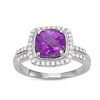 8mm Cushion Amethyst Gemstone Ring with 1/3 cttw diamonds, crafted in Rhodium Plated Sterling Silver Diamond Ring for Women