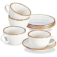 ONEMORE Cappuccino Cups with Saucers, 6.5 oz Espresso Coffee Cups Set of 4 Porcelain Mugs for Latte, Double shot, Cafe Mocha, Tea - Rustic Style - Creamy White