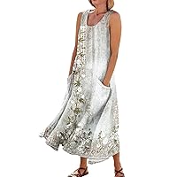 Womens Linen Dresses Summer 2023 Floral Dress for Women 2024 Summer Bohemian Print Casual Loose Fit with Sleeveless U Neck Linen Dresses Silver 3X-Large