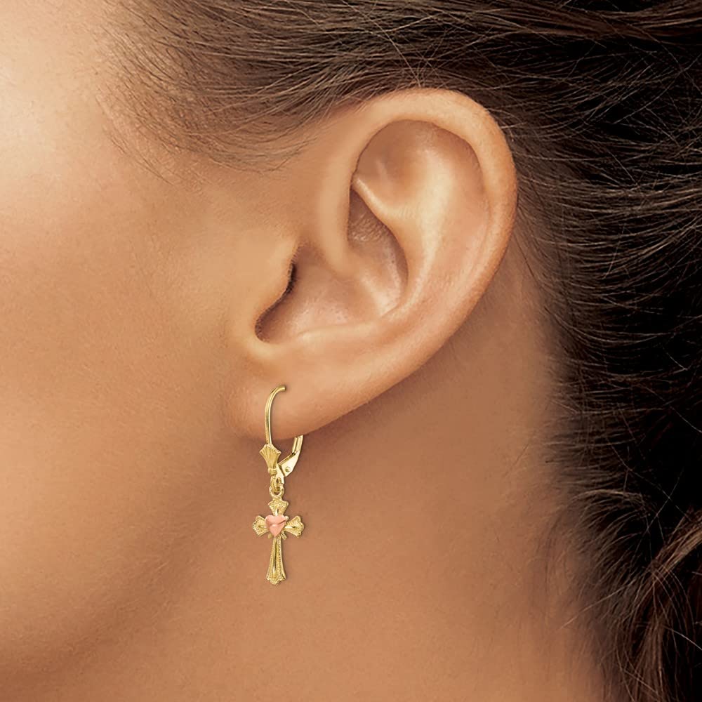 FJC jewelers 10 kt Two Tone Gold Dangle Two-tone Heart on Cross Leverback Earrings 32 mm x 9 mm