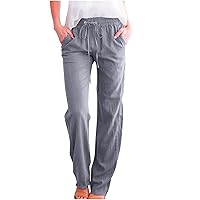 Linen Pants for Women with Pockets Straight Cotton Pants Summer Casual High Waisted Drawstring Palazzo Lounge Pants