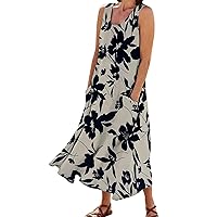 Women's Cotton Linen Casual Loose Pockets Long Dress Floral Printed Sleeveless Tank Dress