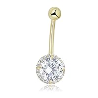 AVORA 10K Gold 8mm Simulated Diamond CZ Halo Belly Button Ring Body Jewelry (14 Gauge)