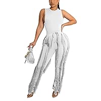 Vakkest Women's 2 Piece Outfits Sleeveless Tanks Top High Waist Fringe Long Pants Casual Tassels Bodycon Yoga Pants