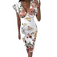 EFOFEI Women's Sexy Deep V Neck Slim Fit Party Dress Ruffle Sleeve Bodycon Evening Dress Floral Print Ruched Cocktail Dress