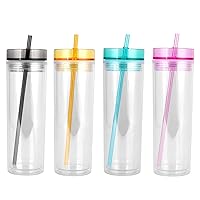 Plastic straw cup Double Wall Insulated Skinny Acrylic Tumblers with Straw and Lid, 16 oz,fashion water cup skinny double layer bottle straw cup transparent straight body cups (4 pack)