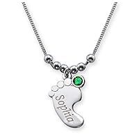 KIDDI-MEDIA Baby Foot Pendant + Necklace with Name Engraved and Colored Birth Month Swarovski Crystal (Birth Stone) / 16 inches / 925 Sterling Silver